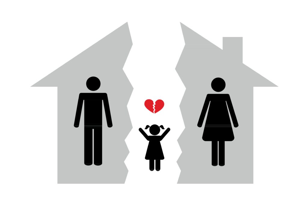 Graphic of two silhouetted houses split apart with a male and female figure in each, and a child in the middle reaching up towards a broken heart, symbolizing the emotional impact of divorce and child custody.